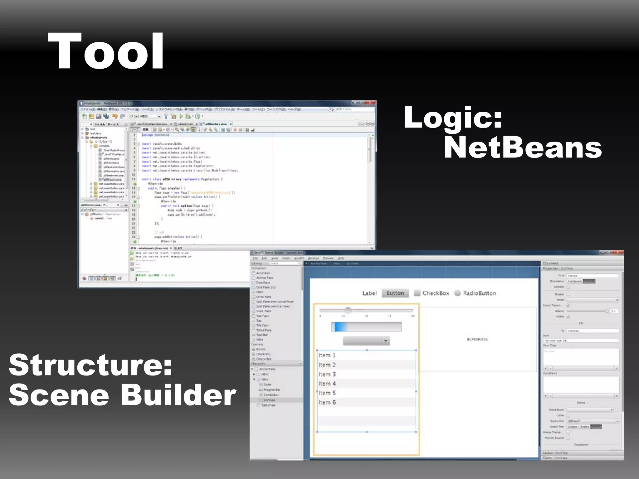 Tool
                Logic:
                  NetBeans




Structure:
Scene Builder
 