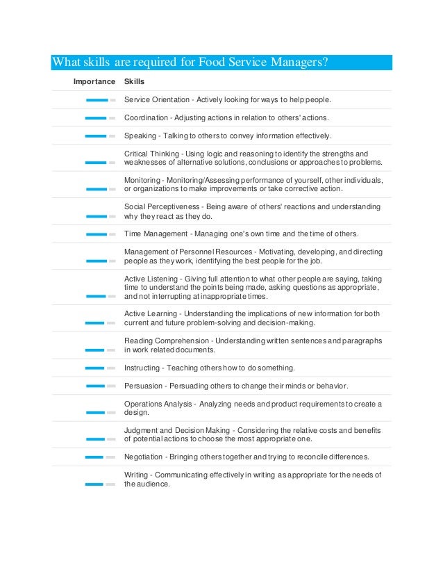 What skills are required for food service managers?