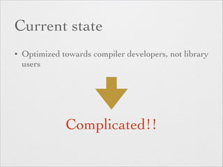 Current state 
• Optimized towards compiler developers, not library 
users 
Complicated!! 
 