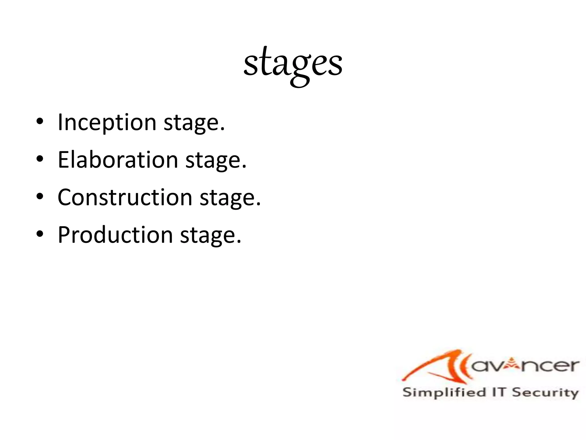 stages
• Inception stage.
• Elaboration stage.
• Construction stage.
• Production stage.
 