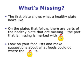What’s Missing? The first plate shows what a healthy plate looks like On the plates that follow, there are parts of the healthy plate that are missing – the part that is missing is marked with Look on your food lists and make suggestions about what foods could go where the         is.    