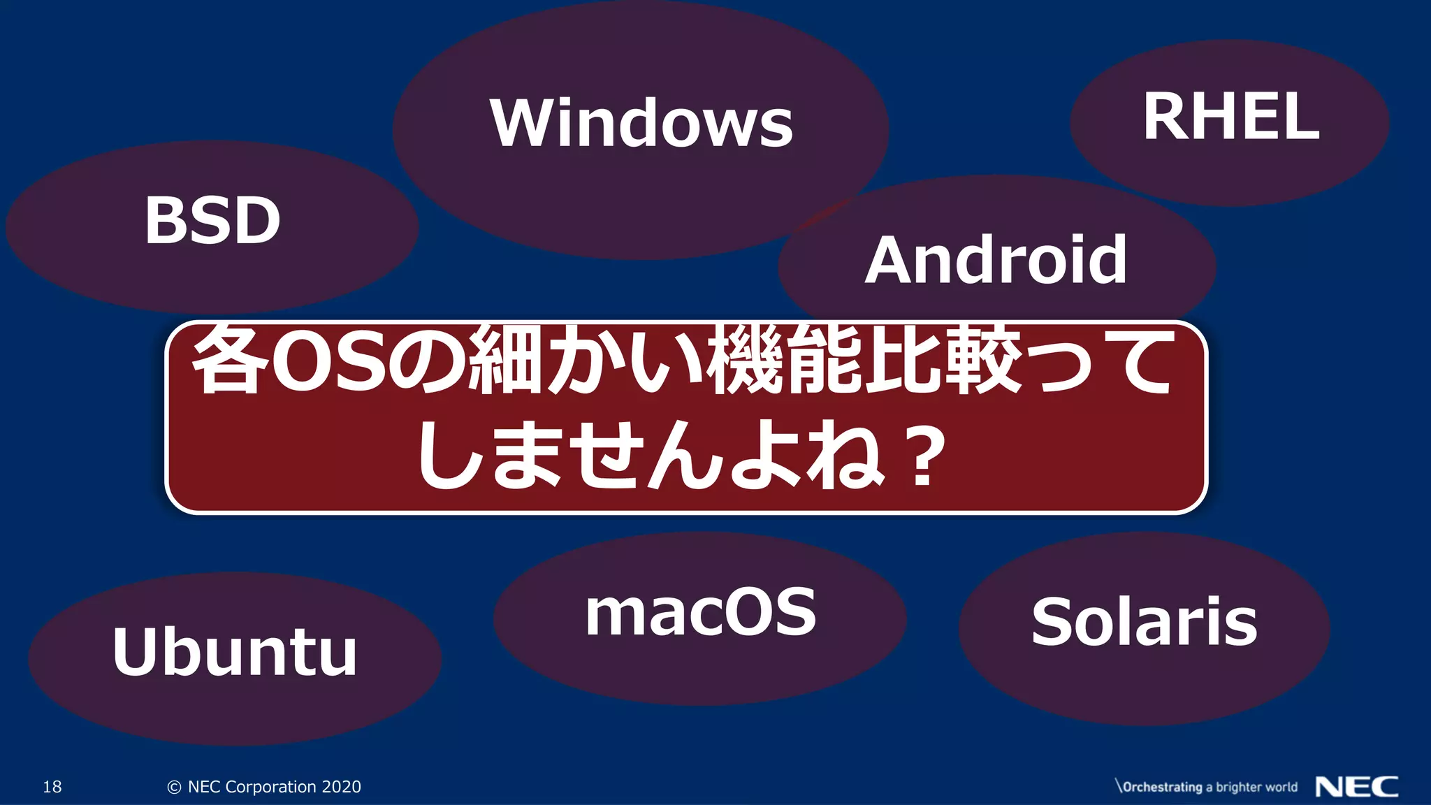 18 © NEC Corporation 2020
Solaris
RHELWindows
Ubuntu
macOS
Android
BSD
各OSの細かい機能比較って
しませんよね？
 