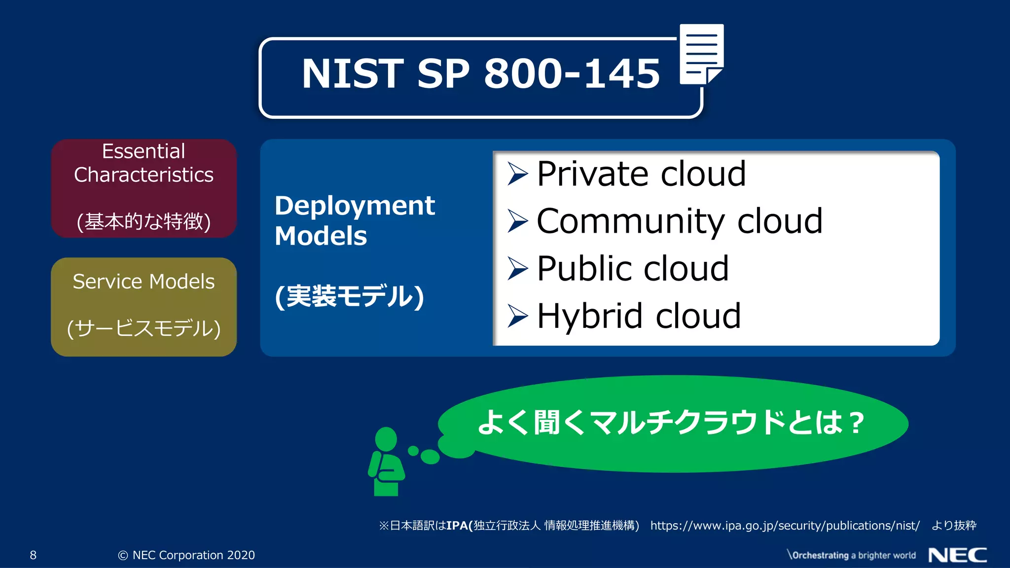 8 © NEC Corporation 2020
Essential
Characteristics
(基本的な特徴)
※日本語訳はIPA(独立行政法人 情報処理推進機構) https://www.ipa.go.jp/security/publications/nist/ より抜粋
Service Models
(サービスモデル)
NIST SP 800-145
Deployment
Models
(実装モデル)
Private cloud
Community cloud
Public cloud
Hybrid cloud
よく聞くマルチクラウドとは？
 