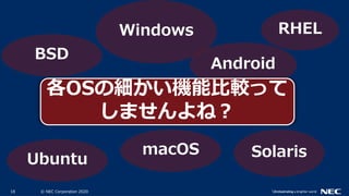18 © NEC Corporation 2020
Solaris
RHELWindows
Ubuntu
macOS
Android
BSD
各OSの細かい機能比較って
しませんよね？
 