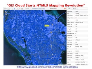 “GIS Cloud Starts HTML5 Mapping Revolution”




     http://www.giscloud.com/map/16648/parcels-300k-polygons
 