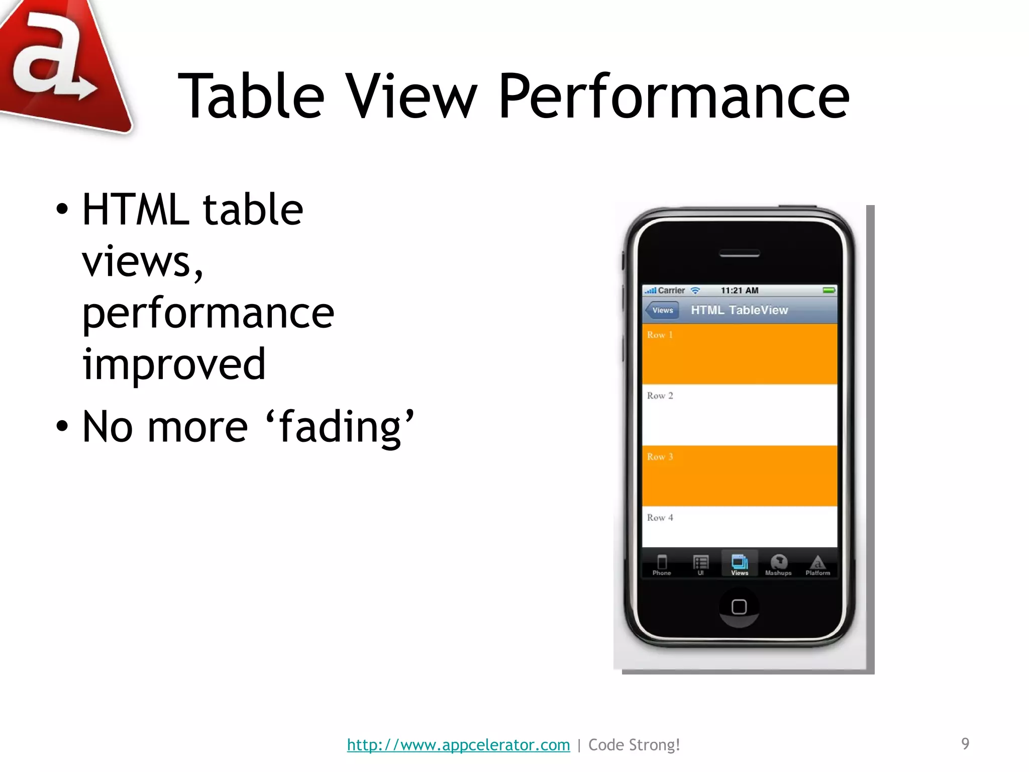 Table View Performance HTML table views, performance improved No more ‘fading’ http://www.appcelerator.com  | Code Strong! 