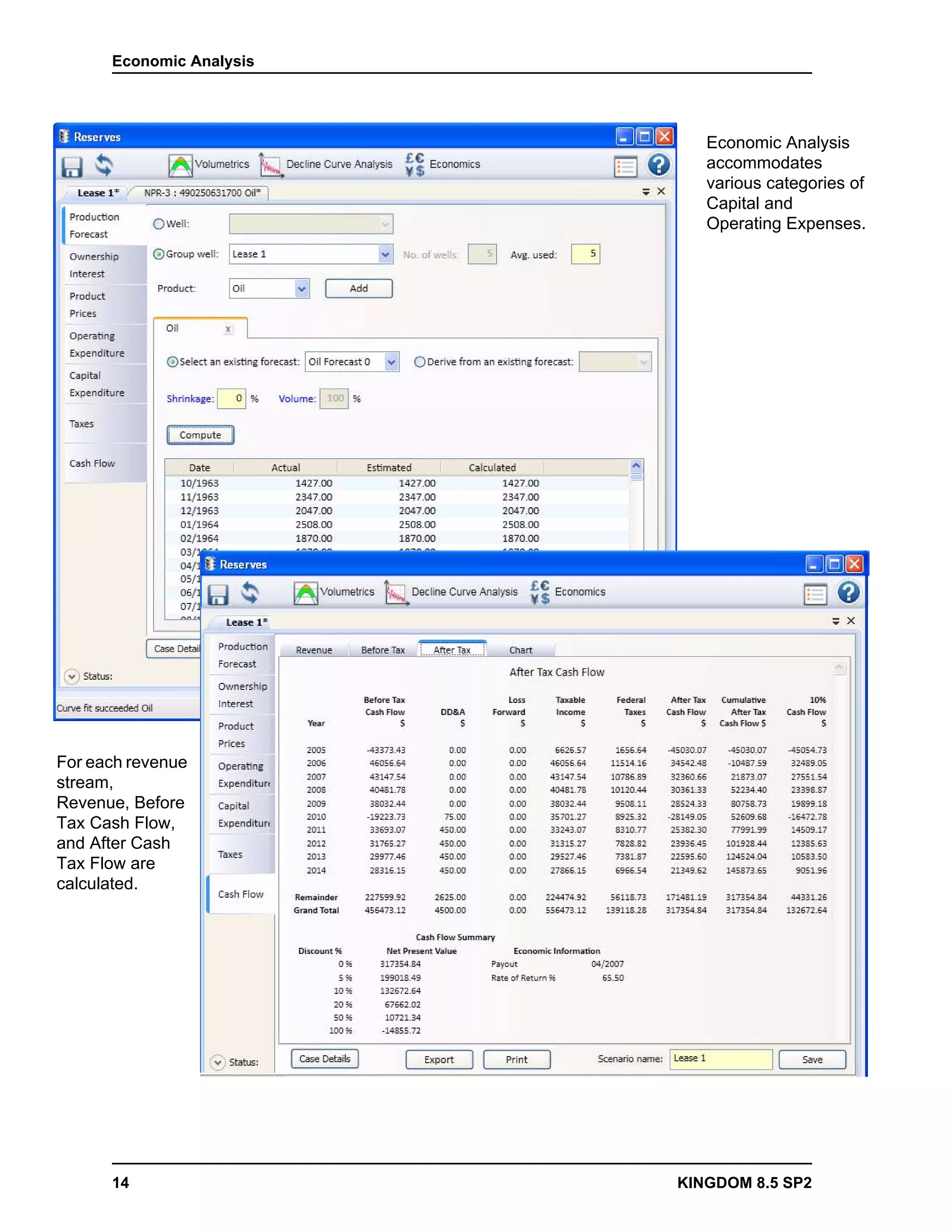 Economic Analysis




                             Economic Analysis
                             accommodates
                             various categories of
                             Capital and
                             Operating Expenses.




For each revenue
stream,
Revenue, Before
Tax Cash Flow,
and After Cash
Tax Flow are
calculated.




      14                  KINGDOM 8.5 SP2
 