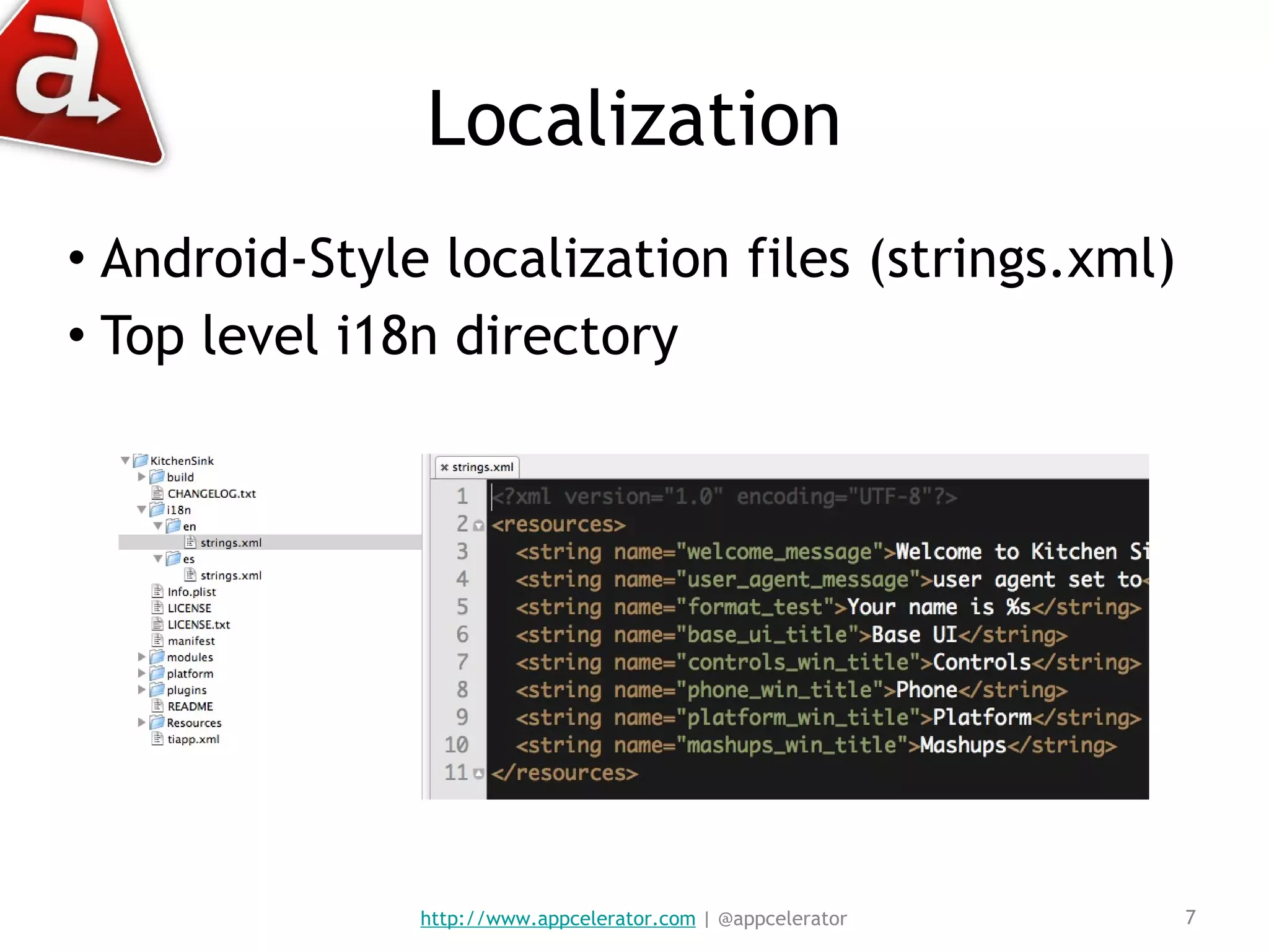 Localization Android-Style localization files (strings.xml) Top level i18n directory http://www.appcelerator.com  | @appcelerator 