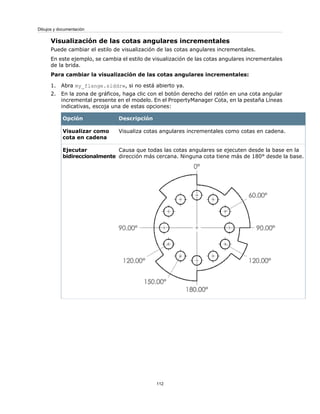 Visualización de las cotas angulares incrementales
Puede cambiar el estilo de visualización de las cotas angulares incrementales.
En este ejemplo, se cambia el estilo de visualización de las cotas angulares incrementales
de la brida.
Para cambiar la visualización de las cotas angulares incrementales:
1. Abra my_flange.slddrw, si no está abierto ya.
2. En la zona de gráficos, haga clic con el botón derecho del ratón en una cota angular
incremental presente en el modelo. En el PropertyManager Cota, en la pestaña Líneas
indicativas, escoja una de estas opciones:
DescripciónOpción
Visualiza cotas angulares incrementales como cotas en cadena.Visualizar como
cota en cadena
Causa que todas las cotas angulares se ejecuten desde la base en la
dirección más cercana. Ninguna cota tiene más de 180° desde la base.
Ejecutar
bidireccionalmente
112
Dibujos y documentación
 