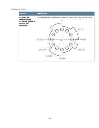 DescripciónOpción
Extiende la línea de referencia hasta el centro del conjunto de cotas.La línea de
referencia se
extiende desde el
centro del
conjunto
113
Dibujos y documentación
 