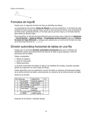 Formatos de hoja
Puede usar un segundo formato de hoja en plantillas de dibujo.
La propiedad de documento Hojas de dibujo le permite especificar un formato de hoja
predeterminado cuando agrega hojas nuevas a documentos de dibujo. Esta propiedad le
permite tener automáticamente un formato para la primera hoja y un formato distinto
para todas las demás hojas.
Para especificar un formato de hoja diferente para una hoja nueva, haga clic en Opciones
> Herramientas > Hojas de dibujo > Propiedades de documento, seleccione Utilizar
formato de hoja diferente y navegue para seleccionar un archivo de formato de hoja
(el archivo que termina en .slddrt).
División automática horizontal de tablas en una fila
Puede usar el comando División automática horizontal para que el software de
SolidWorks ajuste automáticamente las filas de la tabla cuando agregue o elimine
elementos de las tablas.
Tablas compatibles:
• Tablas de taladros
• Lista de materiales
• Tablas generales
La división automática de tablas se aplica a la totalidad de la tabla, incluidas aquellas
partes que aparecen en otras hojas de dibujo.
Puede especificar que los segmentos nuevos de tabla se coloquen directamente debajo
de la última división de tabla o directamente a la derecha de la última división de tabla:
Antes de la división:
Después de la división, colocado debajo:
137
Dibujos y documentación
 