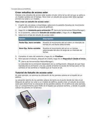 Crear estudios de acceso solar
Gracias a los estudios de acceso solar puede simular cómo la luz del sol que se aplica a
un modelo cambia con el tiempo. Para crear un estudio de acceso solar debe agregar
primero luz solar a un modelo.
Para crear un estudio de acceso solar:
1. A partir de una pieza o ensamblaje, seleccione la pestaña Estudios de movimiento
(en la parte inferior de la zona de gráficos).
2. Haga clic en Asistente para animación (barra de herramientas MotionManager).
3. En el asistente, seleccione Estudio de acceso solar y haga clic en Siguiente.
4. Seleccione el tipo de estudio de acceso solar:
DescripciónOpción
Muestra el movimiento del sol sobre un intervalo de
tiempo en una fecha seleccionada.
Fecha fija, hora variable
Muestra el movimiento del sol en un tiempo
seleccionado del día a lo largo de un intervalo de
fechas.
Hora fija, fecha variable
5. Complete el resto del asistente y haga clic en Finalizar.
6. Para ejecutar el estudio, después de crearlo, haga clic en Reproducir desde el inicio
(barra de herramientas MotionManager).
La velocidad de la animación dependerá de su configuración. Después de que haya
reproducido la animación una vez, puede arrastrar la escala de tiempo para ver los
cambios en las sombras a medida que se mueve el sol.
Tutorial de Estudio de acceso solar
En este ejemplo, se optimiza la colocación de los paneles solares en el tejado de un
edificio.
La ubicación óptima de los paneles solares de techo es el punto donde da más el sol.
Después de aplicar luz solar a un modelo de edificio, puede crear un estudio de acceso
solar para determinar la colocación de los paneles solares. En el edificio de este ejemplo,
hay un compartimiento para HVAC en el tejado que produce sombra, y donde no puede
colocar los paneles en la barraca.
37
Conceptos básicos de SolidWorks
 