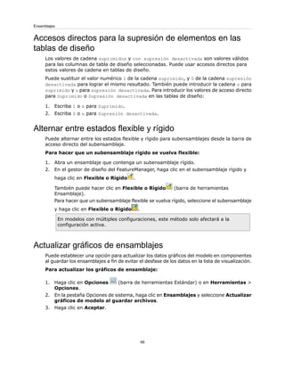 Accesos directos para la supresión de elementos en las
tablas de diseño
Los valores de cadena suprimidos y con supresión desactivada son valores válidos
para las columnas de tabla de diseño seleccionadas. Puede usar accesos directos para
estos valores de cadena en tablas de diseño.
Puede sustituir el valor numérico 1 de la cadena suprimido, y 0 de la cadena supresión
desactivada para lograr el mismo resultado. También puede introducir la cadena s para
suprimido y u para supresión desactivada. Para introducir los valores de acceso directo
para Suprimido o Supresión desactivada en las tablas de diseño:
1. Escriba 1 o s para Suprimido.
2. Escriba 0 o u para Supresión desactivada.
Alternar entre estados flexible y rígido
Puede alternar entre los estados flexible y rígido para subensamblajes desde la barra de
acceso directo del subensamblaje.
Para hacer que un subensamblaje rígido se vuelva flexible:
1. Abra un ensamblaje que contenga un subensamblaje rígido.
2. En el gestor de diseño del FeatureManager, haga clic en el subensamblaje rígido y
haga clic en Flexible o Rígido .
También puede hacer clic en Flexible o Rígido (barra de herramientas
Ensamblaje).
Para hacer que un subensamblaje flexible se vuelva rígido, seleccione el subensamblaje
y haga clic en Flexible o Rígido .
En modelos con múltiples configuraciones, este método solo afectará a la
configuración activa.
Actualizar gráficos de ensamblajes
Puede establecer una opción para actualizar los datos gráficos del modelo en componentes
al guardar los ensamblajes a fin de evitar el desfase de los datos en la lista de visualización.
Para actualizar los gráficos de ensamblaje:
1. Haga clic en Opciones (barra de herramientas Estándar) o en Herramientas >
Opciones.
2. En la pestaña Opciones de sistema, haga clic en Ensamblajes y seleccione Actualizar
gráficos de modelo al guardar archivos.
3. Haga clic en Aceptar.
66
Ensamblajes
 