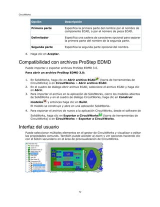 DescripciónOpción
Especifica la primera parte del nombre por el nombre de
componente ECAD, o por el número de pieza ECAD.
Primera parte
Especifica una cadena de caracteres opcional para separar
la primera parte del nombre de la segunda parte.
Delimitador
Especifica la segunda parte opcional del nombre.Segunda parte
4. Haga clic en Aceptar.
Compatibilidad con archivos ProStep EDMD
Puede importar o exportar archivos ProStep EDMD 3.0.
Para abrir un archivo ProStep EDMD 3.0:
1. En SolidWorks, haga clic en Abrir archivo ECAD (barra de herramientas de
CircuitWorks) o en CircuitWorks > Abrir archivo ECAD.
2. En el cuadro de diálogo Abrir archivo ECAD, seleccione el archivo ECAD y haga clic
en Abrir.
3. Para importar el archivo en la aplicación de SolidWorks, cierre los modelos abiertos
de SolidWorks y en el cuadro de diálogo CircuitWorks, haga clic en Construir
modelos y entonces haga clic en Build.
El modelo se construye y abre en una aplicación SolidWorks.
4. Para exportar el archivo de nuevo a la aplicación CircuitWorks, desde el software de
SolidWorks, haga clic en Exportar a CircuitWorks (barra de herramientas de
CircuitWorks) o en CircuitWorks > Exportar a CircuitWorks.
Interfaz del usuario
Puede seleccionar múltiples elementos en el gestor de CircuitWorks y visualizar o editar
las propiedades comunes. También puede acceder al zoom y ver opciones haciendo clic
con el botón secundario en el área de previsualización de CircuitWorks.
72
CircuitWorks
 