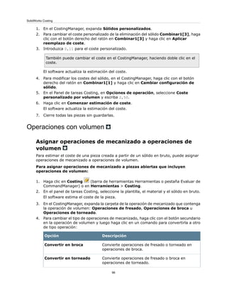 1. En el CostingManager, expanda Sólidos personalizados.
2. Para cambiar el coste personalizado de la eliminación del sólido Combinar1[3], haga
clic con el botón derecho del ratón en Combinar1[3] y haga clic en Aplicar
reemplazo de coste.
3. Introduzca 0,11 para el coste personalizado.
También puede cambiar el coste en el CostingManager, haciendo doble clic en el
coste.
El software actualiza la estimación del coste.
4. Para modificar los costes del sólido, en el CostingManager, haga clic con el botón
derecho del ratón en Combinar1[1] y haga clic en Cambiar configuración de
sólido.
5. En el Panel de tareas Costing, en Opciones de operación, seleccione Coste
personalizado por volumen y escriba 2,50.
6. Haga clic en Comenzar estimación de coste.
El software actualiza la estimación del coste.
7. Cierre todas las piezas sin guardarlas.
Operaciones con volumen
Asignar operaciones de mecanizado a operaciones de
volumen
Para estimar el coste de una pieza creada a partir de un sólido en bruto, puede asignar
operaciones de mecanizado a operaciones de volumen.
Para asignar operaciones de mecanizado a piezas abiertas que incluyen
operaciones de volumen:
1. Haga clic en Costing (barra de herramientas Herramientas o pestaña Evaluar de
CommandManager) o en Herramientas > Costing.
2. En el panel de tareas Costing, seleccione la plantilla, el material y el sólido en bruto.
El software estima el coste de la pieza.
3. En el CostingManager, expanda la carpeta de la operación de mecanizado que contenga
la operación de volumen: Operaciones de fresado, Operaciones de broca u
Operaciones de torneado.
4. Para cambiar el tipo de operaciones de mecanizado, haga clic con el botón secundario
en la operación de volumen y luego haga clic en un comando para convertirla a otro
de tipo operación:
DescripciónOpción
Convierte operaciones de fresado o torneado en
operaciones de broca.
Convertir en broca
Convierte operaciones de fresado o broca en
operaciones de torneado.
Convertir en torneado
96
SolidWorks Costing
 