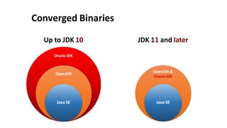 Converged Binaries
Up to JDK 10
Oracle JDK
OpenJDK
Java SE
JDK 11 and later
OpenJDK &
Oracle JDK
Java SE
 