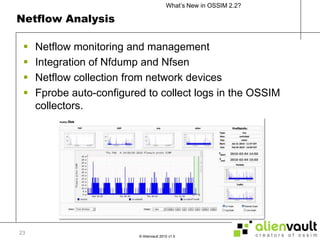Netflow AnalysisNetflow monitoring and managementIntegration of Nfdump and NfsenNetflow collection from network devicesFprobe auto-configured to collect logs in the OSSIM collectors.23