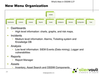 New Menu OrganizationDashboardsHigh level information: charts, graphs, and risk maps.IncidentsMedium level information: Alarms, Ticketing system and Knowledge DBAnalysisLow level information: SIEM Events (Data mining), Logger and vulnerabilitiesReportsReport Manager AssetsInventory, Asset Search and OSSIM Components26