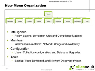 New Menu OrganizationIntelligencePolicy, actions, correlation rules and Compliance MappingMonitorsInformation in real time: Network, Usage and availabilityConfigurationUsers, Collection configuration, and Database UpgradesToolsBackup, Tools Download, and Network Discovery system27