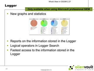 LoggerNew graphs and statisticsReports on the information stored in the LoggerLogical operators in Logger SearchFastest access to the information stored in the Logger29Only available when using Alienvault professional SIEM