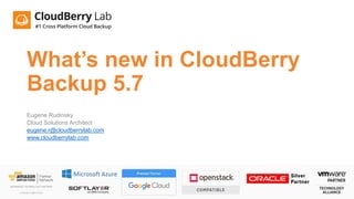 What’s new in CloudBerry
Backup 5.7
Eugene Rudinsky
Cloud Solutions Architect
eugene.r@cloudberrylab.com
www.cloudberrylab.com
 