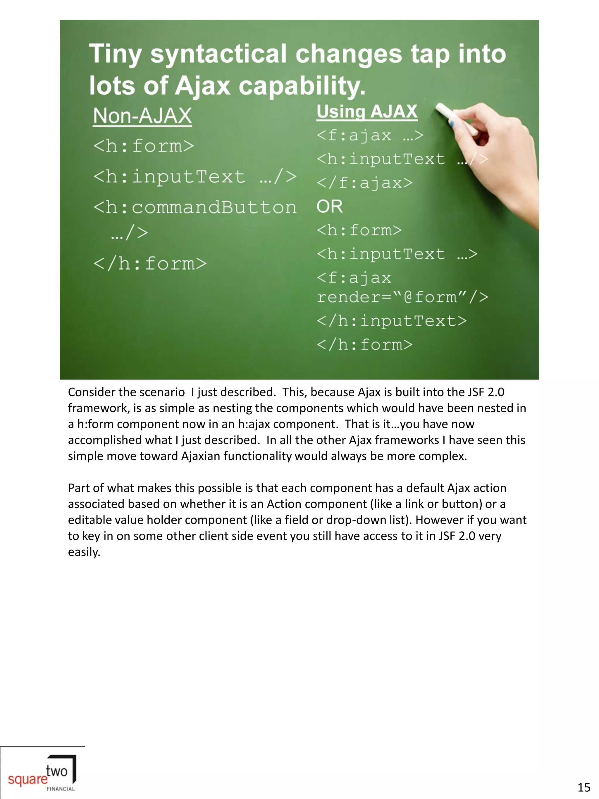 Consider the scenario I just described. This, because Ajax is built into the JSF 2.0
framework, is as simple as nesting the components which would have been nested in
a h:form component now in an h:ajax component. That is it…you have now
accomplished what I just described. In all the other Ajax frameworks I have seen this
simple move toward Ajaxian functionality would always be more complex.

Part of what makes this possible is that each component has a default Ajax action
associated based on whether it is an Action component (like a link or button) or a
editable value holder component (like a field or drop-down list). However if you want
to key in on some other client side event you still have access to it in JSF 2.0 very
easily.




                                                                                        15
 
