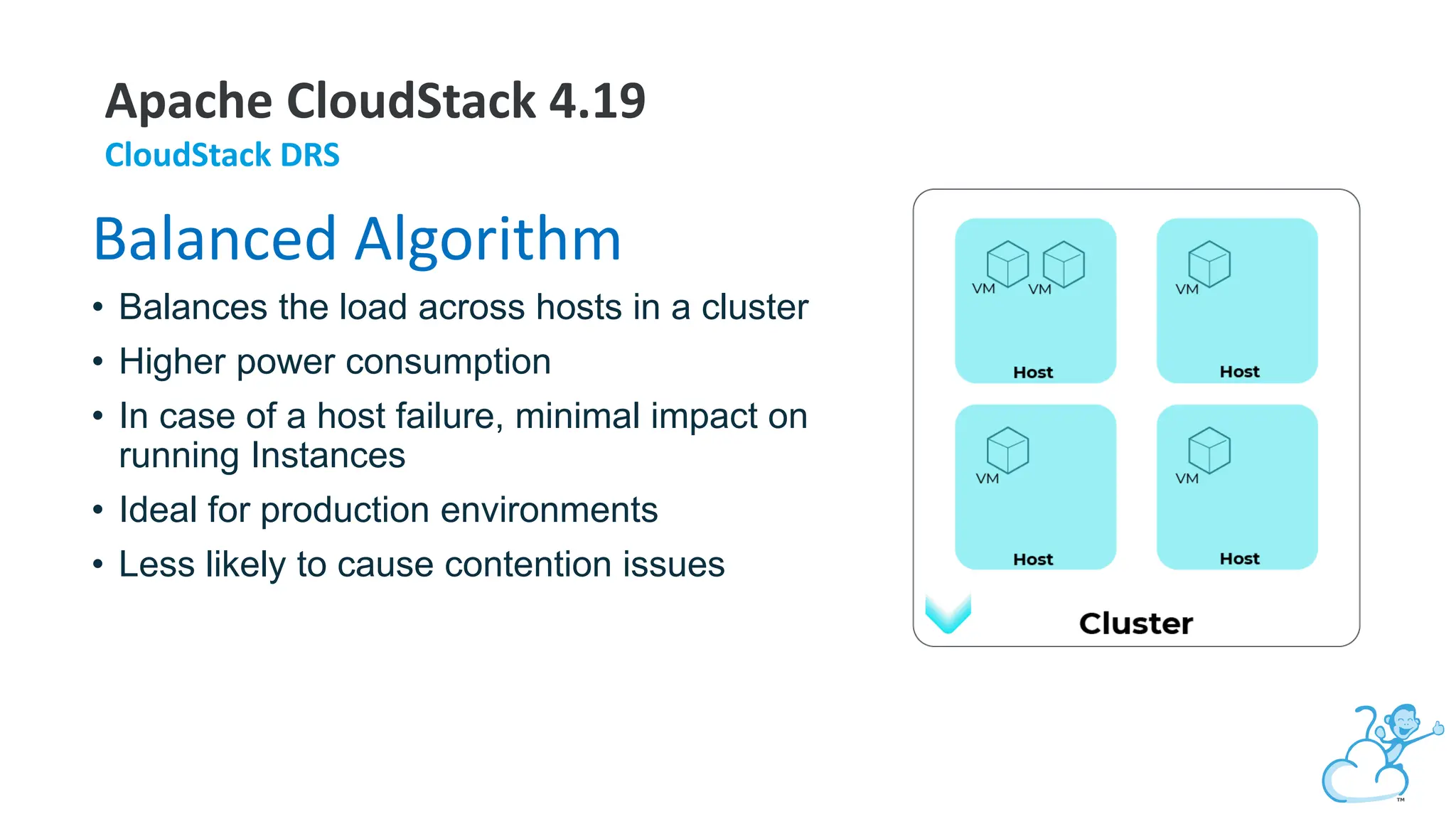 Apache CloudStack 4.19
CloudStack DRS
Balanced Algorithm
• Balances the load across hosts in a cluster
• Higher power consumption
• In case of a host failure, minimal impact on
running Instances
• Ideal for production environments
• Less likely to cause contention issues
 