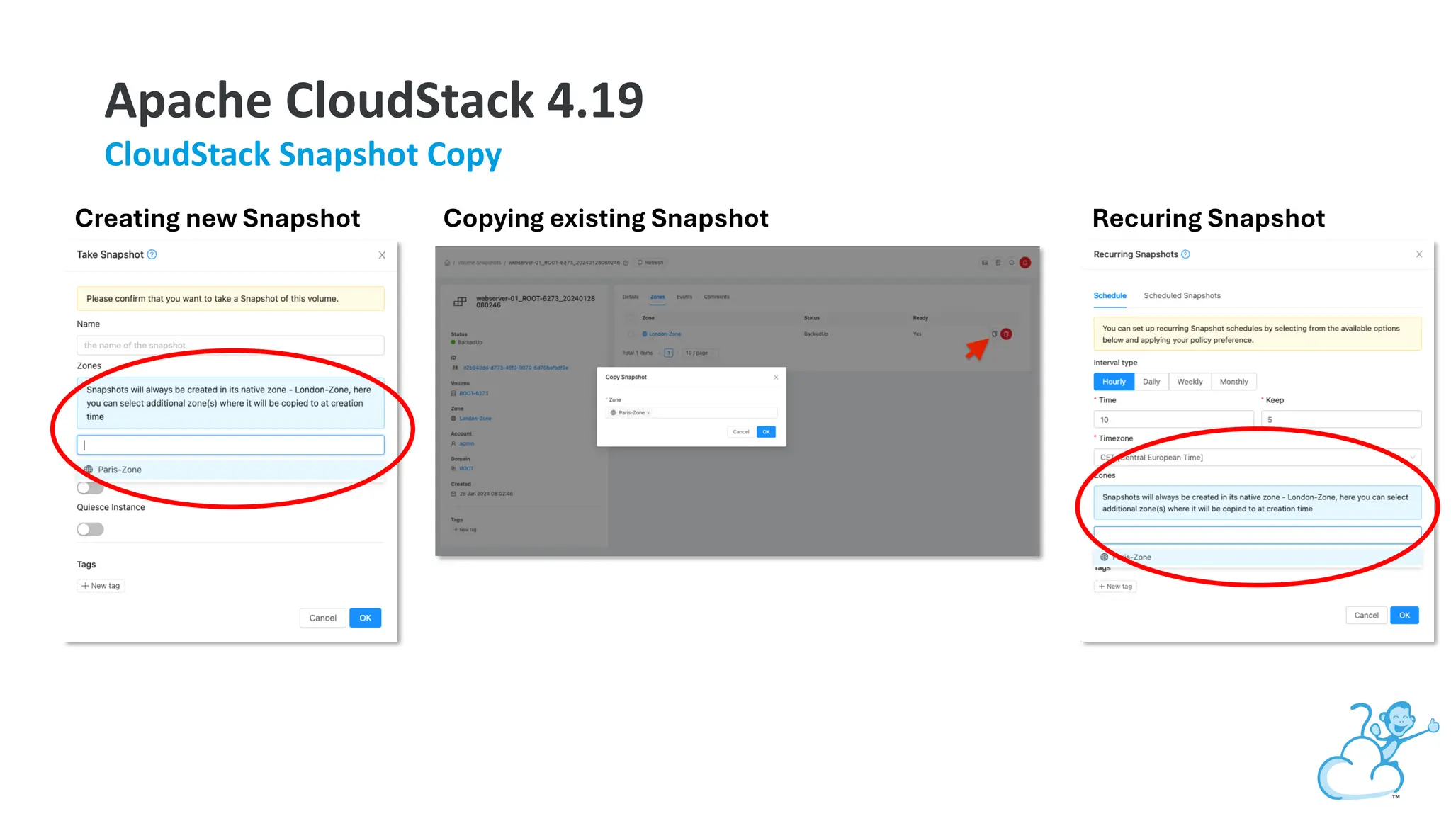 Apache CloudStack 4.19
CloudStack Snapshot Copy
Recuring Snapshot
Copying existing Snapshot
Creating new Snapshot
 