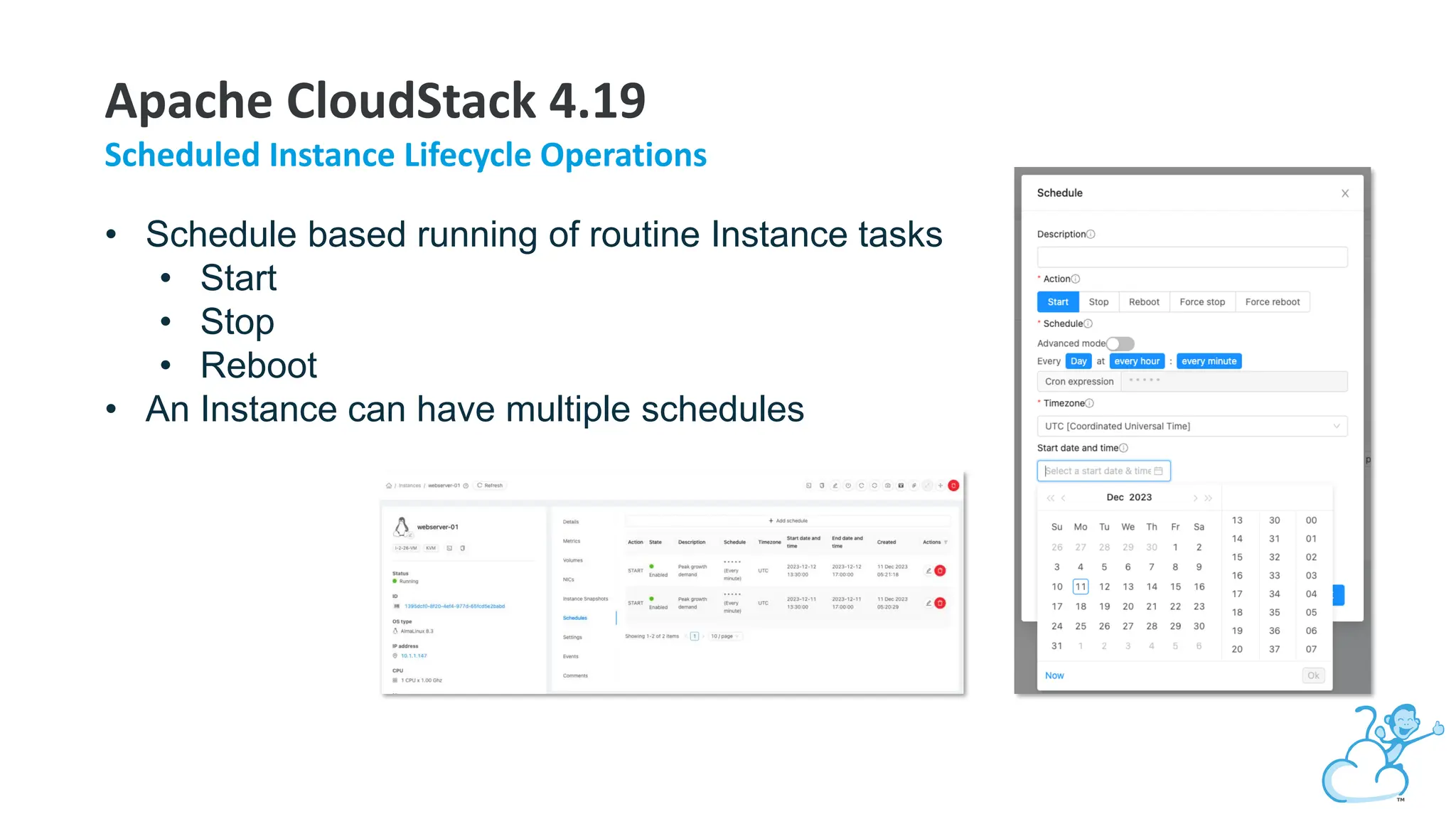 • Schedule based running of routine Instance tasks
• Start
• Stop
• Reboot
• An Instance can have multiple schedules
Apache CloudStack 4.19
Scheduled Instance Lifecycle Operations
 