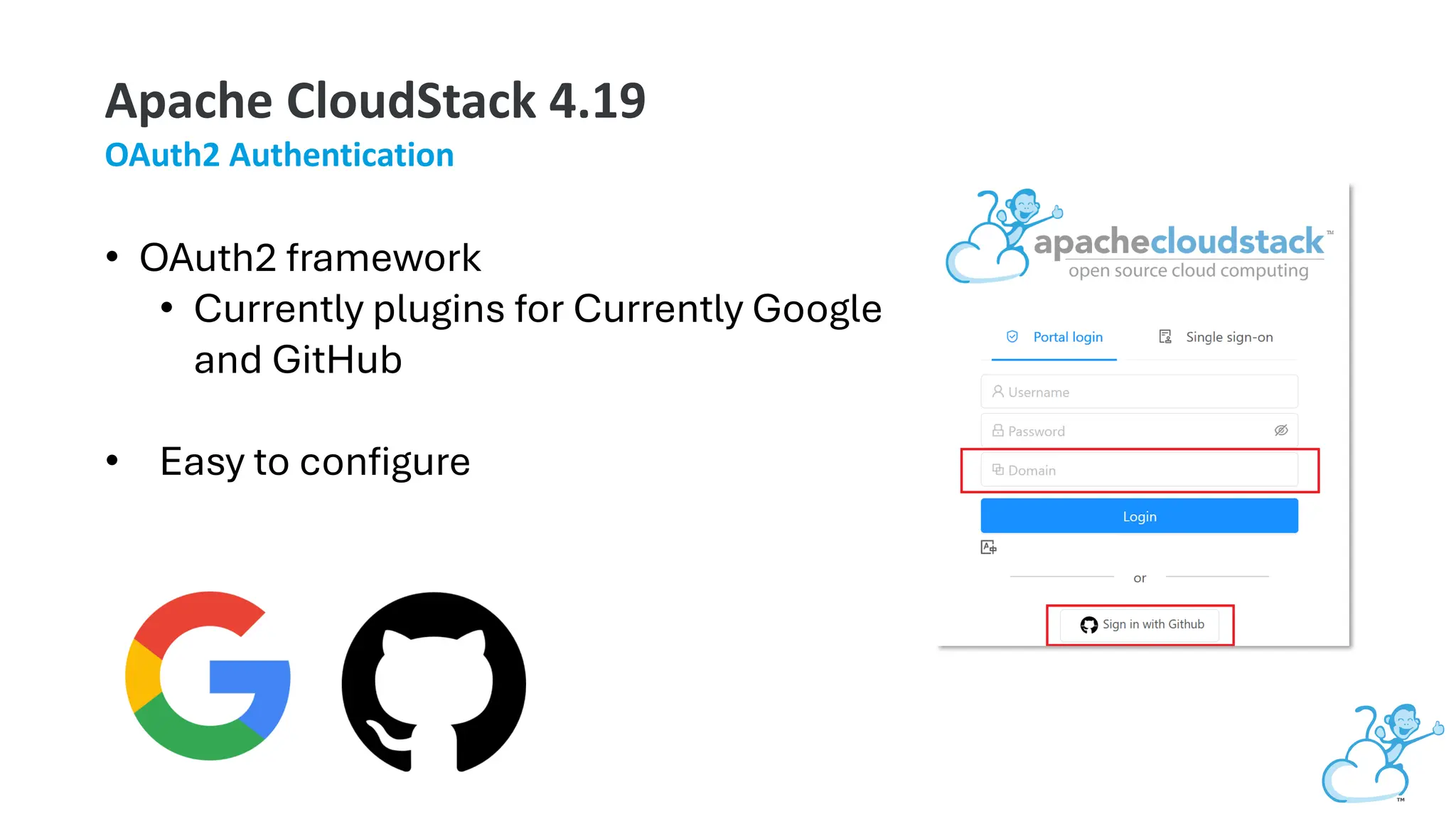 Apache CloudStack 4.19
OAuth2 Authentication
• OAuth2 framework
• Currently plugins for Currently Google
and GitHub
• Easy to configure
 