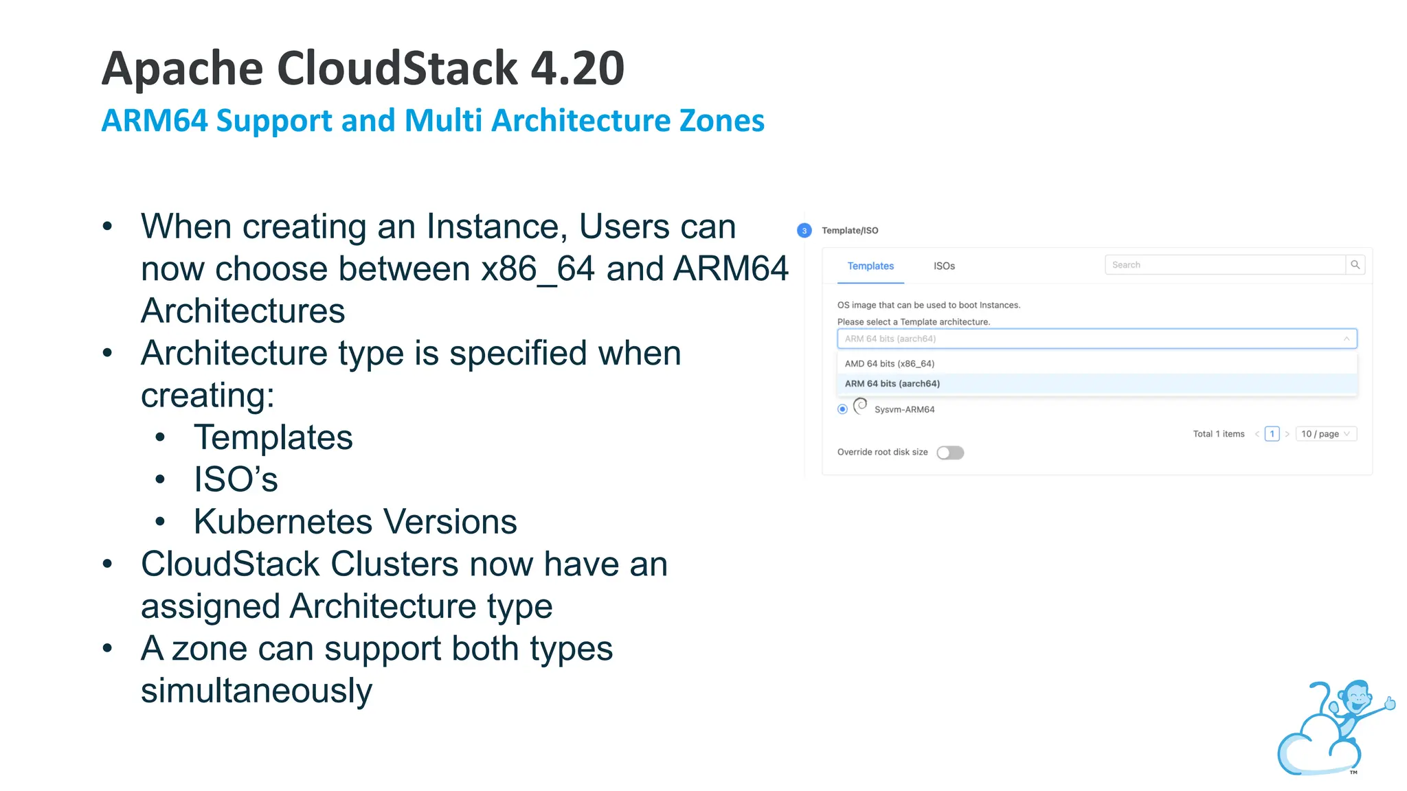 • When creating an Instance, Users can
now choose between x86_64 and ARM64
Architectures
• Architecture type is specified when
creating:
• Templates
• ISO’s
• Kubernetes Versions
• CloudStack Clusters now have an
assigned Architecture type
• A zone can support both types
simultaneously
Apache CloudStack 4.20
ARM64 Support and Multi Architecture Zones
 