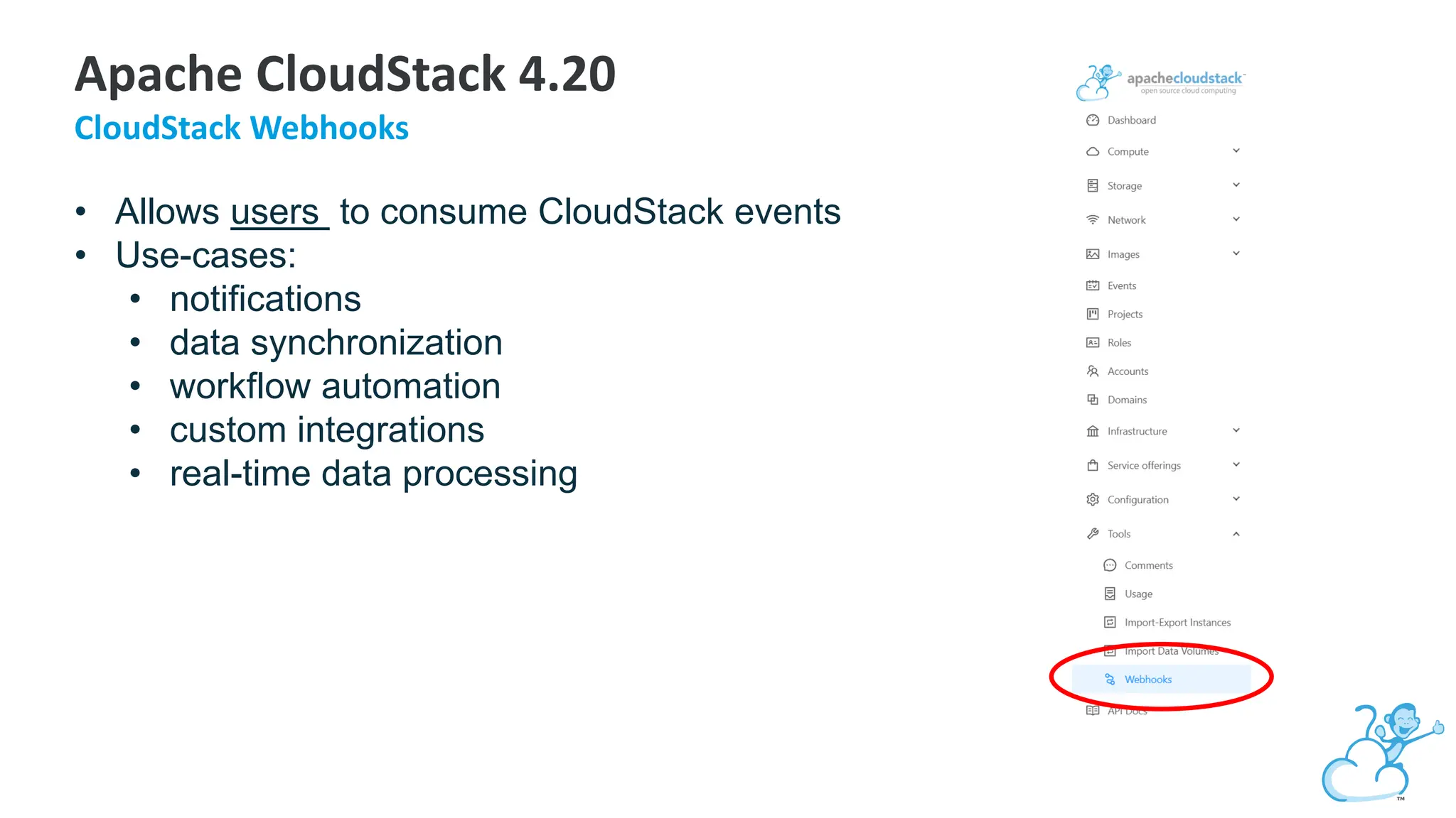 • Allows users to consume CloudStack events
• Use-cases:
• notifications
• data synchronization
• workflow automation
• custom integrations
• real-time data processing
Apache CloudStack 4.20
CloudStack Webhooks
 