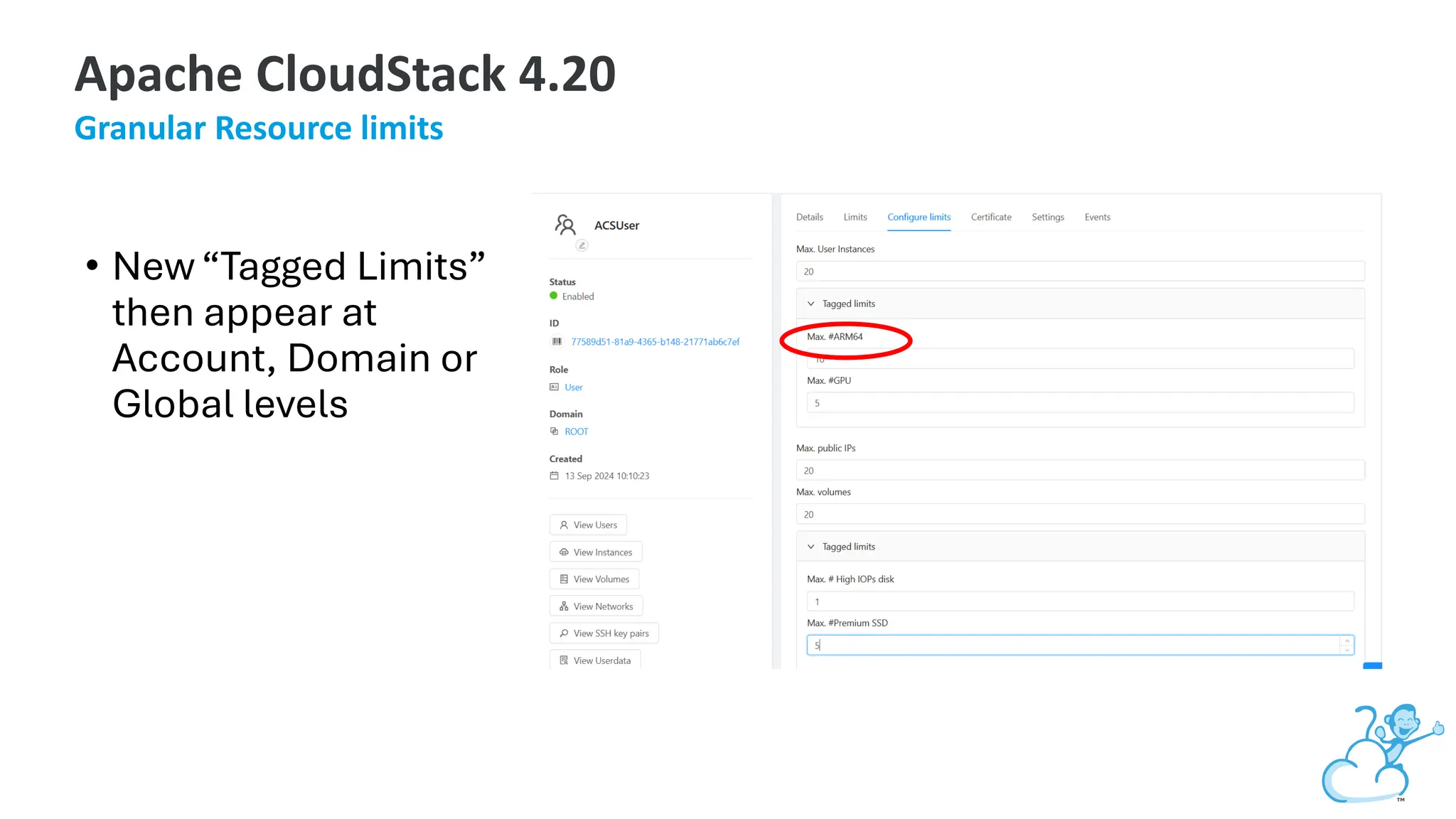 Apache CloudStack 4.20
Granular Resource limits
• New “Tagged Limits”
then appear at
Account, Domain or
Global levels
 