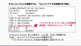 root@ecc0e1d7ee23:/# cat /etc/hosts
172.18.0.2 ecc0e1d7ee23
127.0.0.1 localhost
::1 localhost ip6-localhost ip6-loopback
fe00::0 ip6-localnet
ff00::0 ip6-mcastprefix
ff02::1 ip6-allnodes
ff02::2 ip6-allrouters
172.19.0.2 db
172.19.0.2 db.back
さらに/etc/hostsを確認すると、「db」コンテナの名前解決も可能に
「コンテナ名.ネットワーク名」で名前解決
使用例：DB名やキャッシュ・サーバ等
※network connect をした時点で、ping 等、お互いが疎通する
※逆に、dbコンテナ上で/etc/hostsを確認すると、
「172.19.0.3 web.back」の記述が自動的に追加されている
 