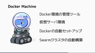 Docker環境の管理ツール
仮想サーバ環境
Dockerの自動セットアップ
Swarmクラスタの自動構築
Docker Machine
 