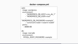 web:
image: wordpress
environment:
- "WORDPRESS_DB_HOST=cms_db_1"
- "WORDPRESS_DB_USER=root"
-
"WORDPRESS_DB_PASSWORD=example"
- "constraint:node==swarm-node0"
ports:
- 8080:80
db:
image: mariadb
environment:
MYSQL_ROOT_PASSWORD: example
docker-compose.yml
 