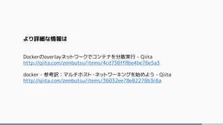 より詳細な情報は
Dockerのoverlayネットワークでコンテナを分散実行 - Qiita
http://qiita.com/zembutsu/items/4cd756ff8be4be76e5a3
docker - 参考訳：マルチホスト・ネットワーキングを始めよう - Qiita
http://qiita.com/zembutsu/items/36032ee78e82278b3c6a
 