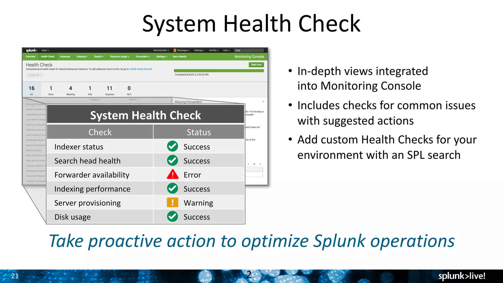 21
• In-depth	views	integrated	
into	Monitoring	Console
• Includes	checks	for	common	issues	
with	suggested	actions
• Add	custom	Health	Checks	for	your	
environment	with	an	SPL	search
System	Health	Check
2
Take	proactive	action	to	optimize	Splunk	operations
System	Health	Check	
Check	 Status	
		Indexer	status	 Success	
		Search	head	health	 Success	
		Forwarder	availability	 Error	
		Indexing	performance	 Success	
		Server	provisioning	 Warning	
		Disk	usage	 Success	
 