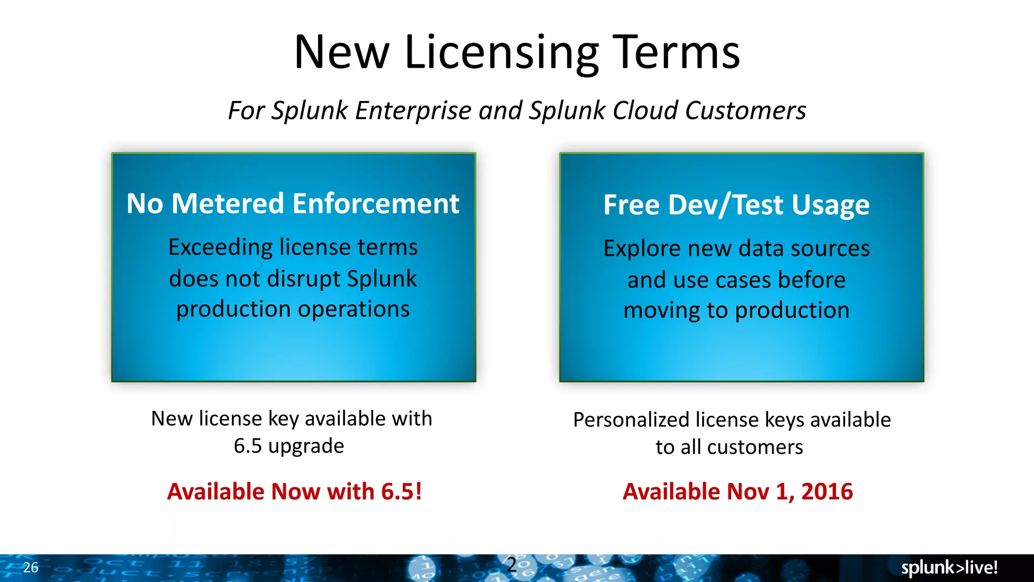 26
New	Licensing	Terms
For	Splunk	Enterprise	and	Splunk	Cloud	Customers	
Free	Dev/Test	Usage
Explore	new	data	sources	
and	use	cases	before	
moving	to	production
2
No	Metered	Enforcement
Exceeding	license	terms
does	not	disrupt	Splunk	
production	operations
New	license	key	available	with	
6.5	upgrade	
Personalized	license	keys	available	
to	all	customers
Available	Now	with	6.5! Available	Nov	1,	2016
 