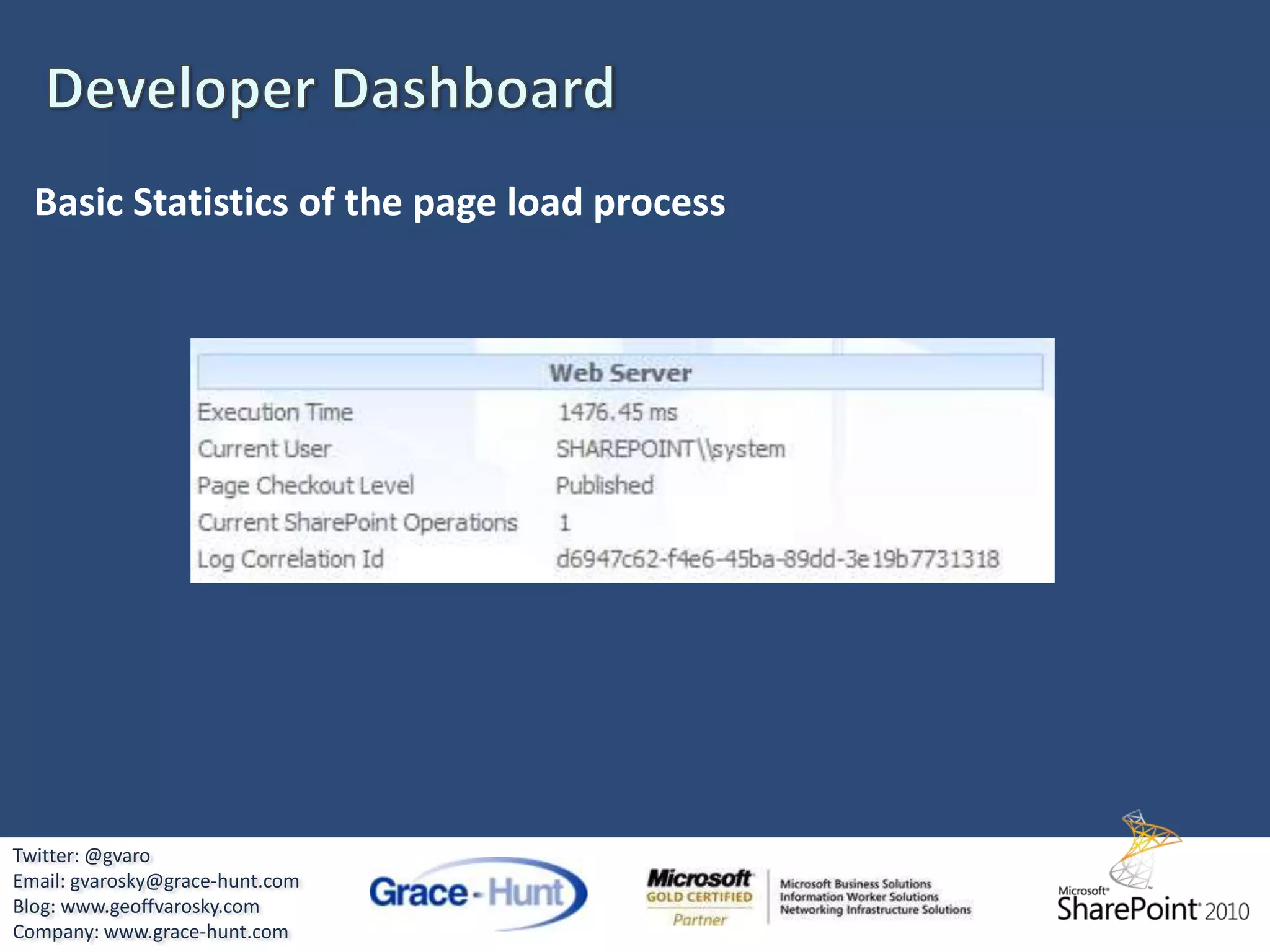 Visual Studio 2010 & SharePoint ToolkitWSP Importing*Wizard for selecting WSPDeclarative elements can be selected for importModified and extended from there*Cannot export back to SharePoint DesignerTwitter: @gvaroEmail: gvarosky@grace-hunt.comBlog: www.geoffvarosky.comCompany: www.grace-hunt.com