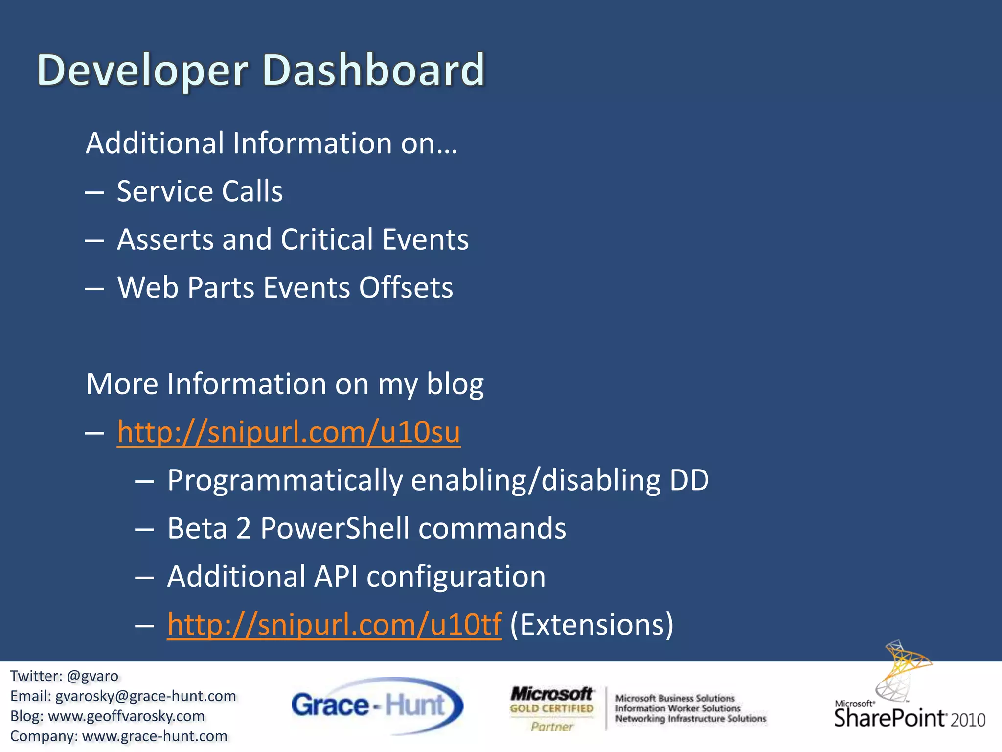Visual Studio 2010 & SharePoint ToolkitExtensibilityServer Explorer ExtensionsDeployment ExtensionsPackaging Validation RulesMS Build ExtensibilityTwitter: @gvaroEmail: gvarosky@grace-hunt.comBlog: www.geoffvarosky.comCompany: www.grace-hunt.com