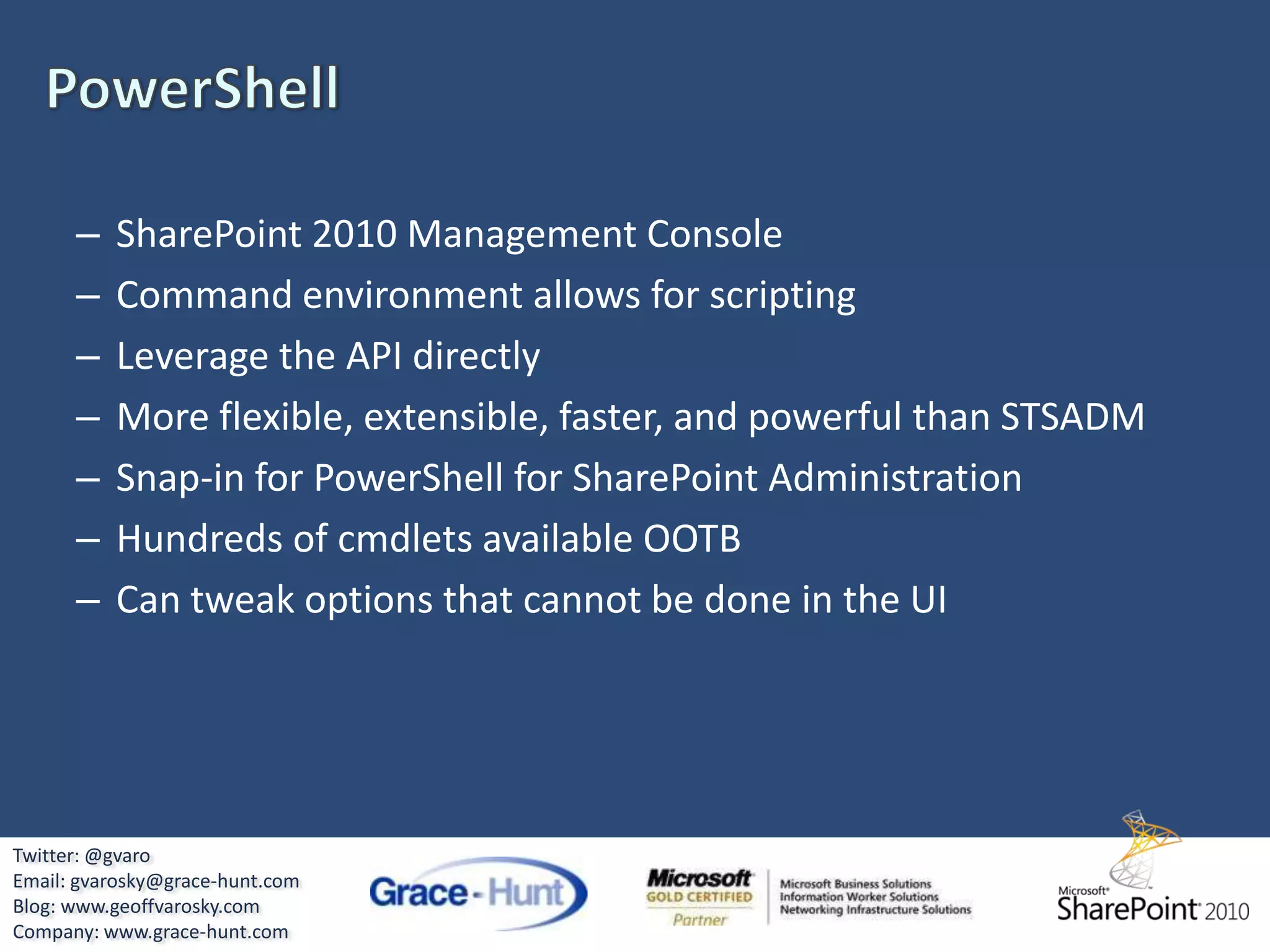 DeveloperDashboardTwitter: @gvaroEmail: gvarosky@grace-hunt.comBlog: www.geoffvarosky.comCompany: www.grace-hunt.com
