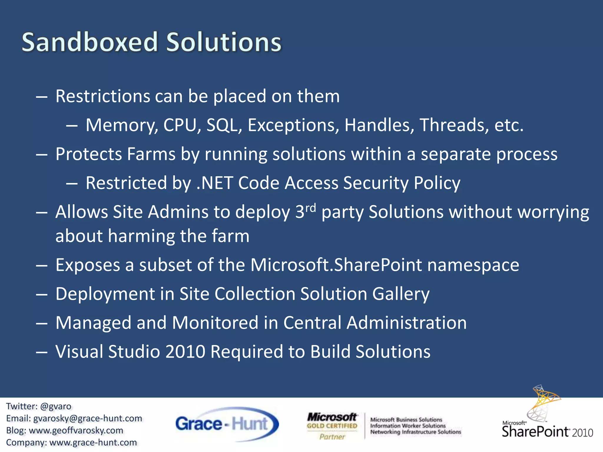 Developer DashboardComplete Request/Response Timing Information on page load for all operations performedRequest (GET:http://sp2010dev-01:80/Pages/default.aspx) (1475.21 ms) BeginRequestHandler (0.07 ms)PostAuthenticateRequestHandler (0.06 ms)PostResolveRequestCacheHandler (1117.62 ms) GetWebPartPageContent (1114.78 ms) GetFileAndMetaInfo (1114.32 ms)EnsureListItemsData (157.10 ms)PortalSiteMapDataSource: Determining Starting Node (0.01 ms)Add WebParts (0.82 ms) Press Releases (0.59 ms)ToolBarMenuButton.CreateChildControls for PersonalActions (0.17 ms)ToolBarMenuButton.CreateChildControls for SiteActions (0.62 ms)SearchBoxEx.OnLoad (0.15 ms)SPPageStateControl:OnLoad (0.20 ms)Activate web part connections (0.13 ms)DataBindingDataFormWebPart (Press Releases) (141.31 ms) CBQ Query and Process Data (140.61 ms) GetSiteData (22.16 ms)GetSiteData#1 (25.84 ms)DataBindingDataFormWebPart () (0.45 ms)DataBinding DataFormWebPart ()#1 (0.29 ms)SPPageStateControl:OnPreRender (0.91 ms)Render Ribbon. (3.14 ms)Render WebPart Zone TopZone (0.39 ms) Render WebPart Press Releases (0.35 ms) Xslt Transform (0.12 ms)Twitter: @gvaroEmail: gvarosky@grace-hunt.comBlog: www.geoffvarosky.comCompany: www.grace-hunt.com