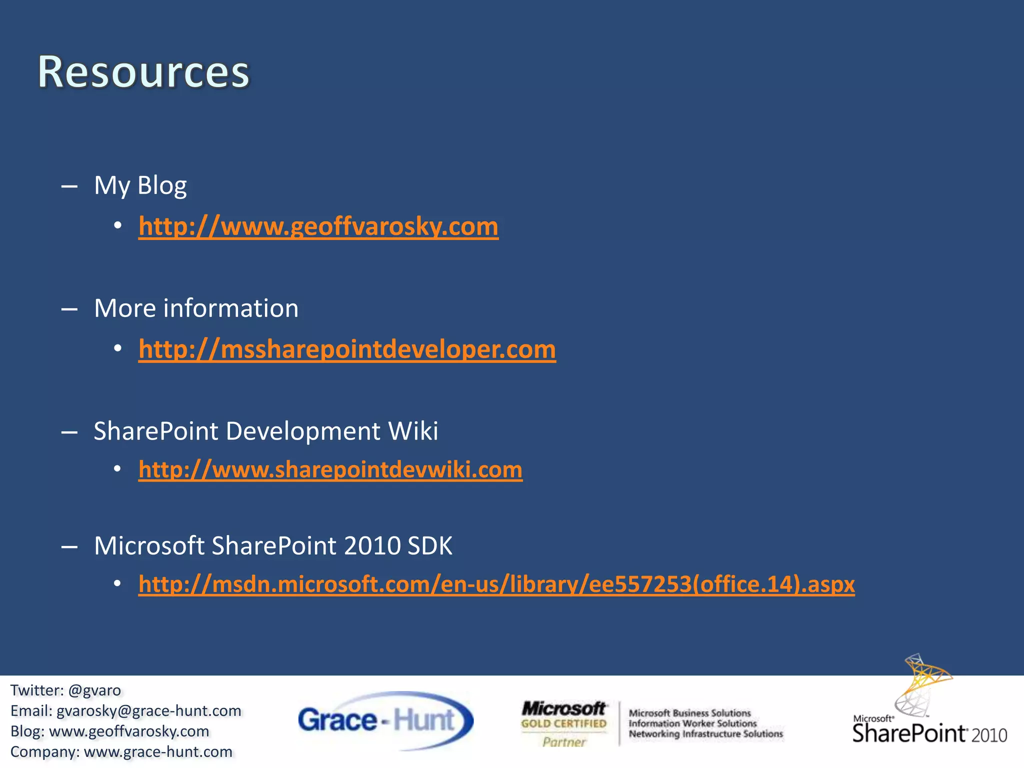 DemoUsing PowerShell to Enable the Developer DashboardTwitter: @gvaroEmail: gvarosky@grace-hunt.comBlog: www.geoffvarosky.comCompany: www.grace-hunt.com