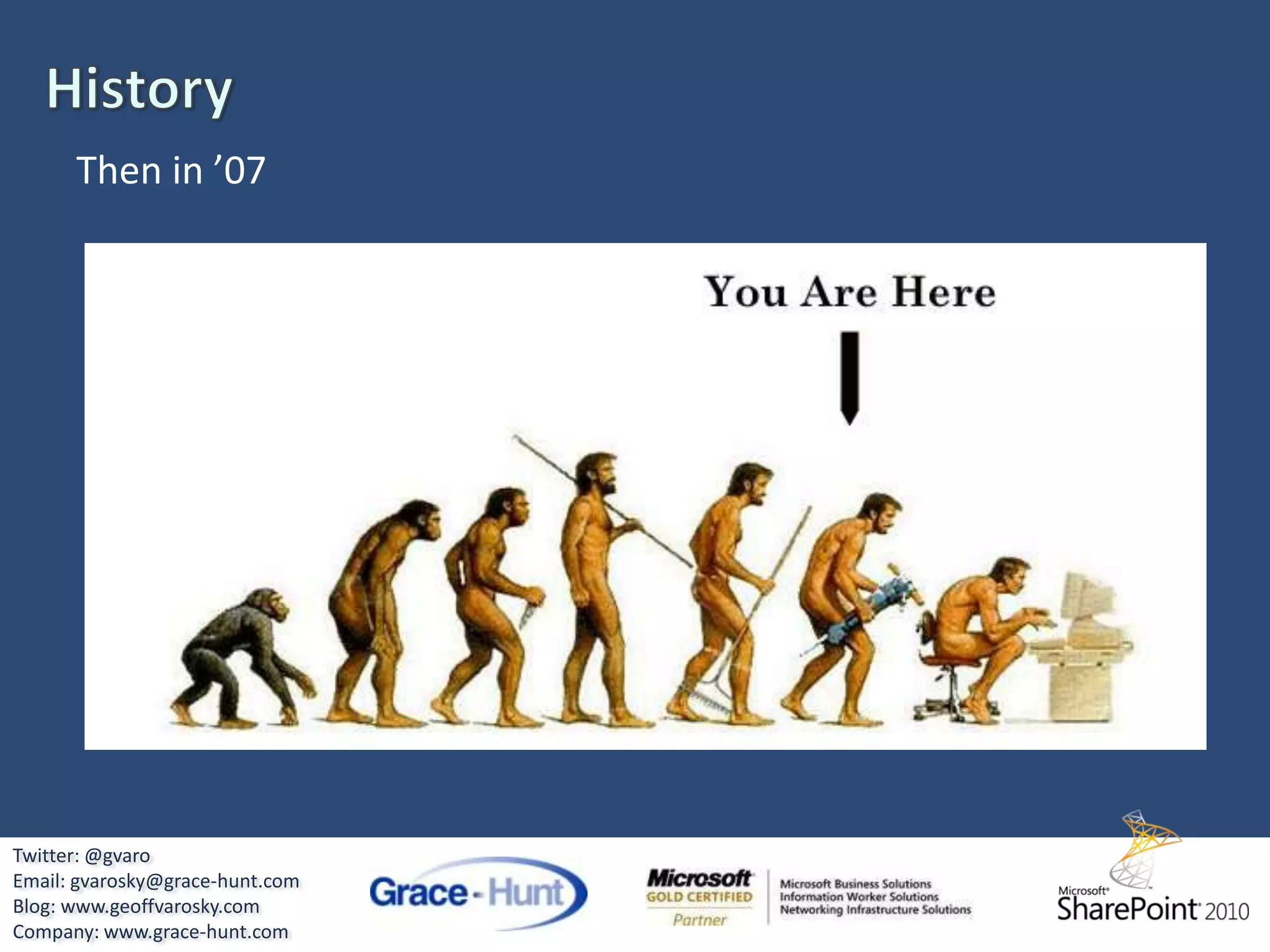 HistoryThen back in ‘03WSS v2 and SPS 2003SDKsVisual StudioAPILots more books and blogsMany more 3rd Party Tools to Assist DevelopersTwitter: @gvaroEmail: gvarosky@grace-hunt.comBlog: www.geoffvarosky.comCompany: www.grace-hunt.com