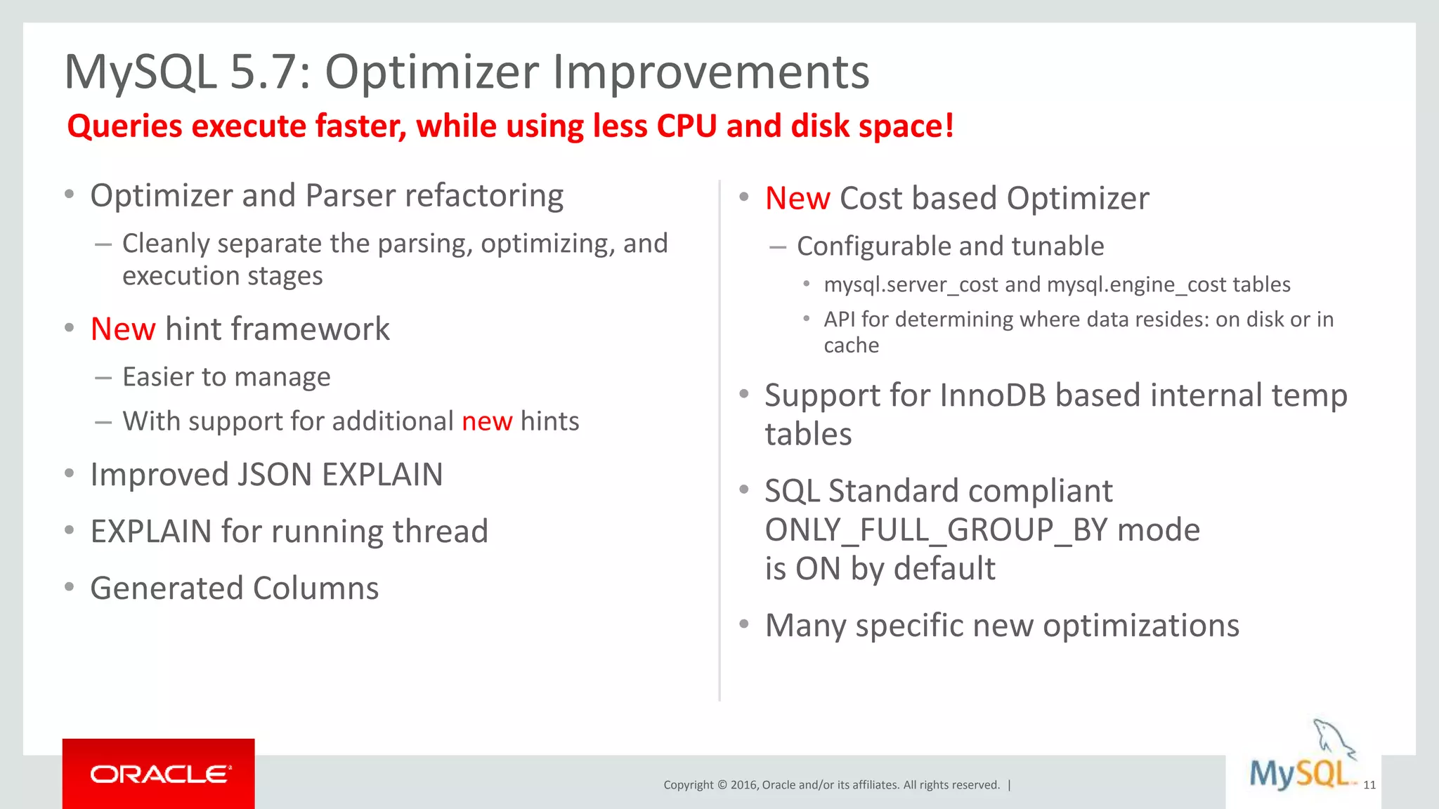 Copyright © 2016, Oracle and/or its affiliates. All rights reserved. |
• Optimizer and Parser refactoring
– Cleanly separate the parsing, optimizing, and
execution stages
• New hint framework
– Easier to manage
– With support for additional new hints
• Improved JSON EXPLAIN
• EXPLAIN for running thread
• Generated Columns
• New Cost based Optimizer
– Configurable and tunable
• mysql.server_cost and mysql.engine_cost tables
• API for determining where data resides: on disk or in
cache
• Support for InnoDB based internal temp
tables
• SQL Standard compliant
ONLY_FULL_GROUP_BY mode
is ON by default
• Many specific new optimizations
MySQL 5.7: Optimizer Improvements
11
Queries execute faster, while using less CPU and disk space!
 