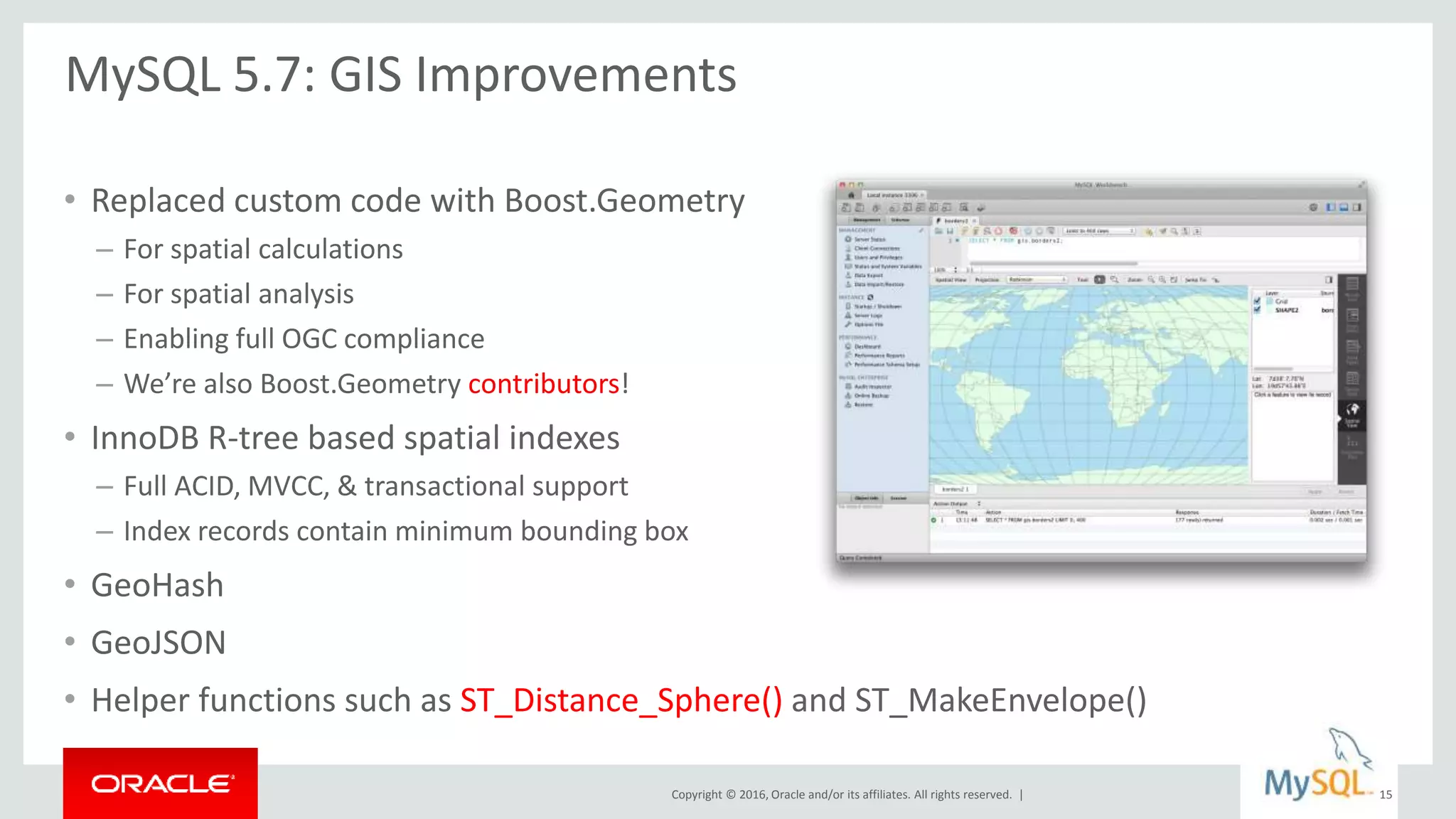 Copyright © 2016, Oracle and/or its affiliates. All rights reserved. |
• Replaced custom code with Boost.Geometry
– For spatial calculations
– For spatial analysis
– Enabling full OGC compliance
– We’re also Boost.Geometry contributors!
• InnoDB R-tree based spatial indexes
– Full ACID, MVCC, & transactional support
– Index records contain minimum bounding box
• GeoHash
• GeoJSON
• Helper functions such as ST_Distance_Sphere() and ST_MakeEnvelope()
MySQL 5.7: GIS Improvements
15
 