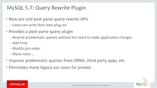 Copyright © 2016, Oracle and/or its affiliates. All rights reserved. |
MySQL 5.7: Query Rewrite Plugin
• New pre and post parse query rewrite APIs
– Users can write their own plug-ins
• Provides a post-parse query plugin
– Rewrite problematic queries without the need to make application changes
– Add hints
– Modify join order
– Many more …
• Improve problematic queries from ORMs, third party apps, etc
• Eliminates many legacy use cases for proxies
12
 