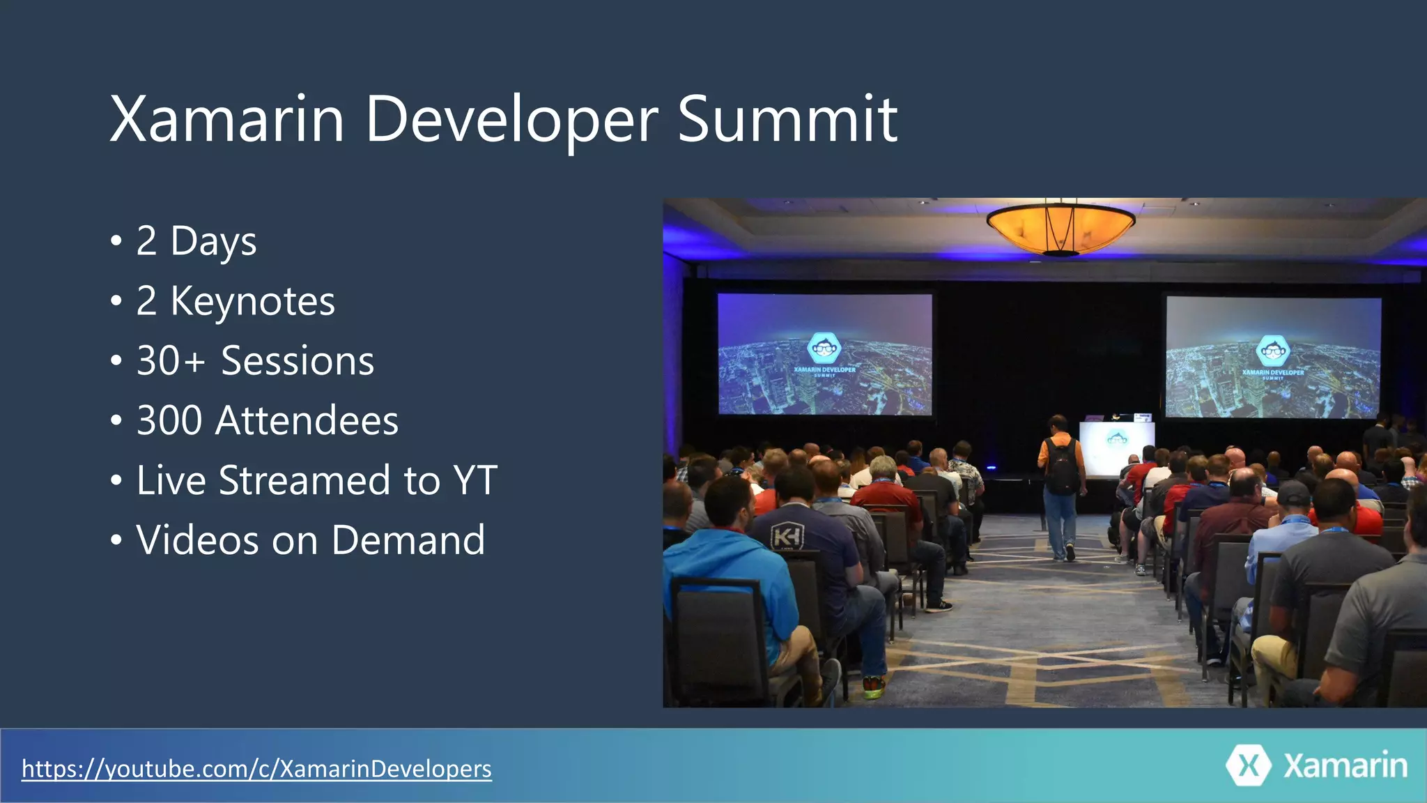 Xamarin Developer Summit
• 2 Days
• 2 Keynotes
• 30+ Sessions
• 300 Attendees
• Live Streamed to YT
• Videos on Demand
https://youtube.com/c/XamarinDevelopers
 