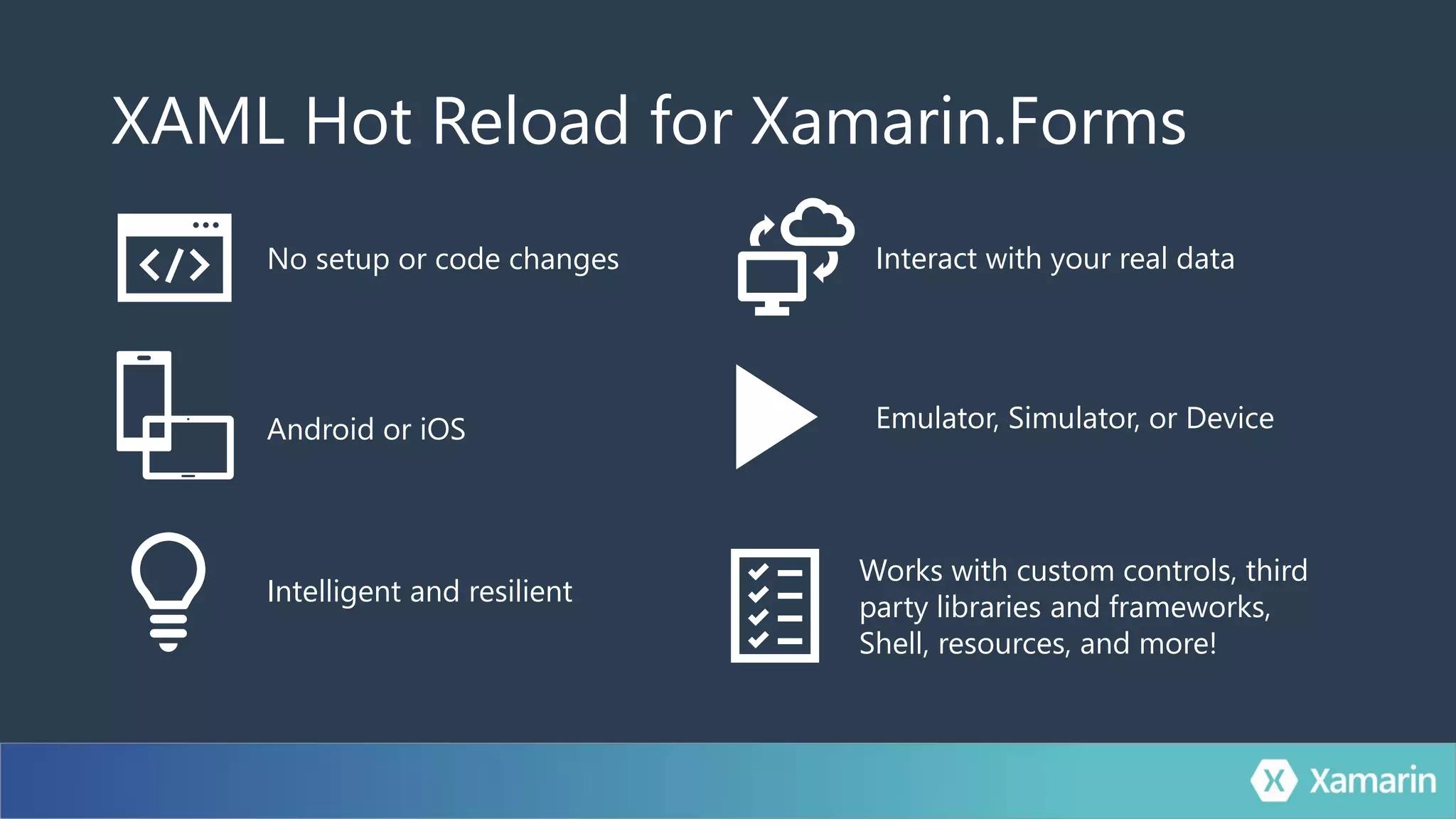 XAML Hot Reload for Xamarin.Forms
Intelligent and resilient
No setup or code changes
Emulator, Simulator, or Device
Interact with your real data
Works with custom controls, third
party libraries and frameworks,
Shell, resources, and more!
Android or iOS
 